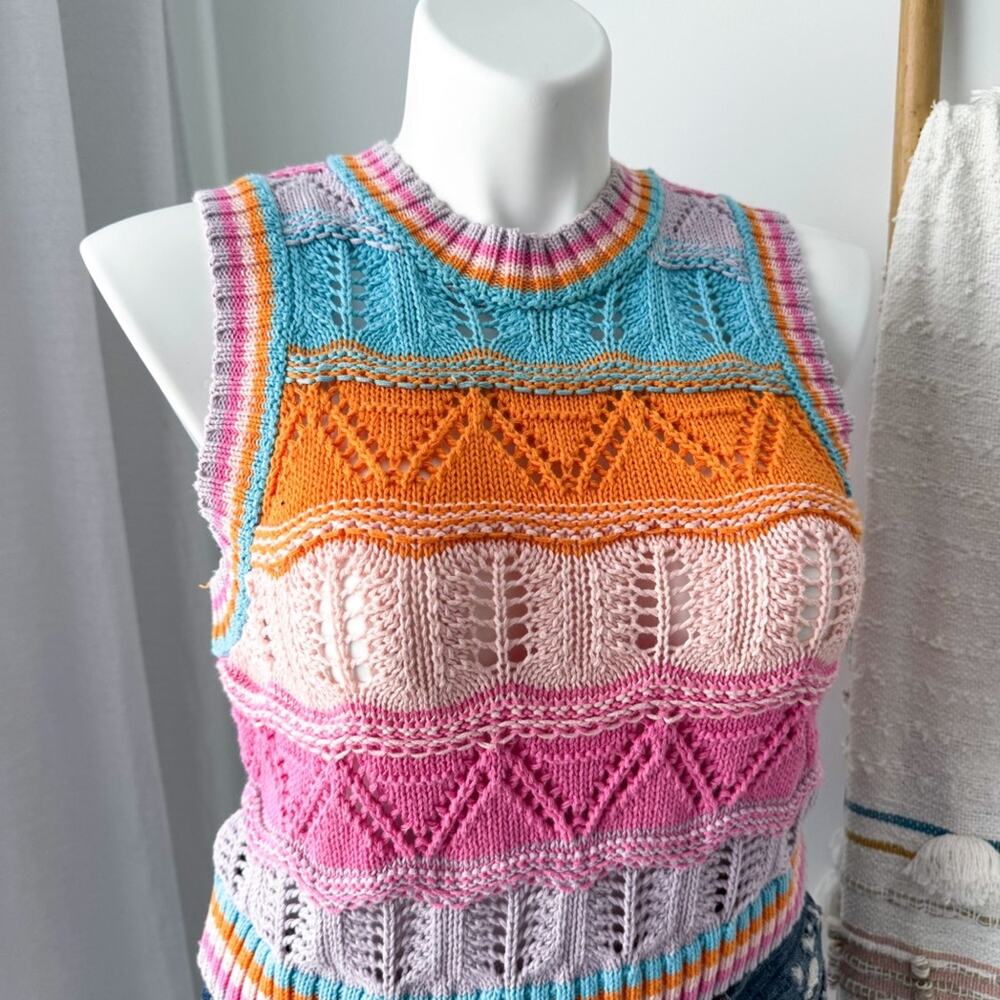 Zara Multicolor Crochet Knit Crewneck Cropped Sweater Vest Women’s Size Medium - Picture 2 of 9